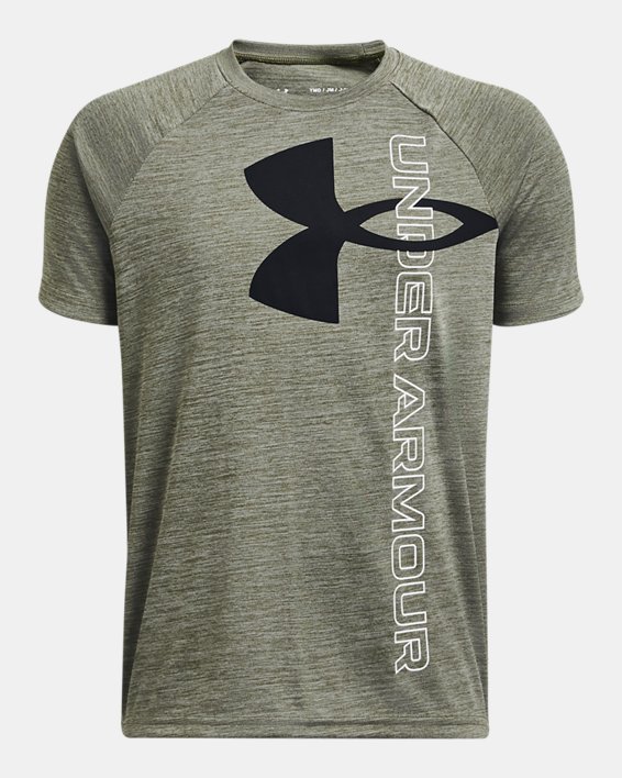 Boys' UA Tech™ Split Logo Hybrid Short Sleeve in Green image number 0